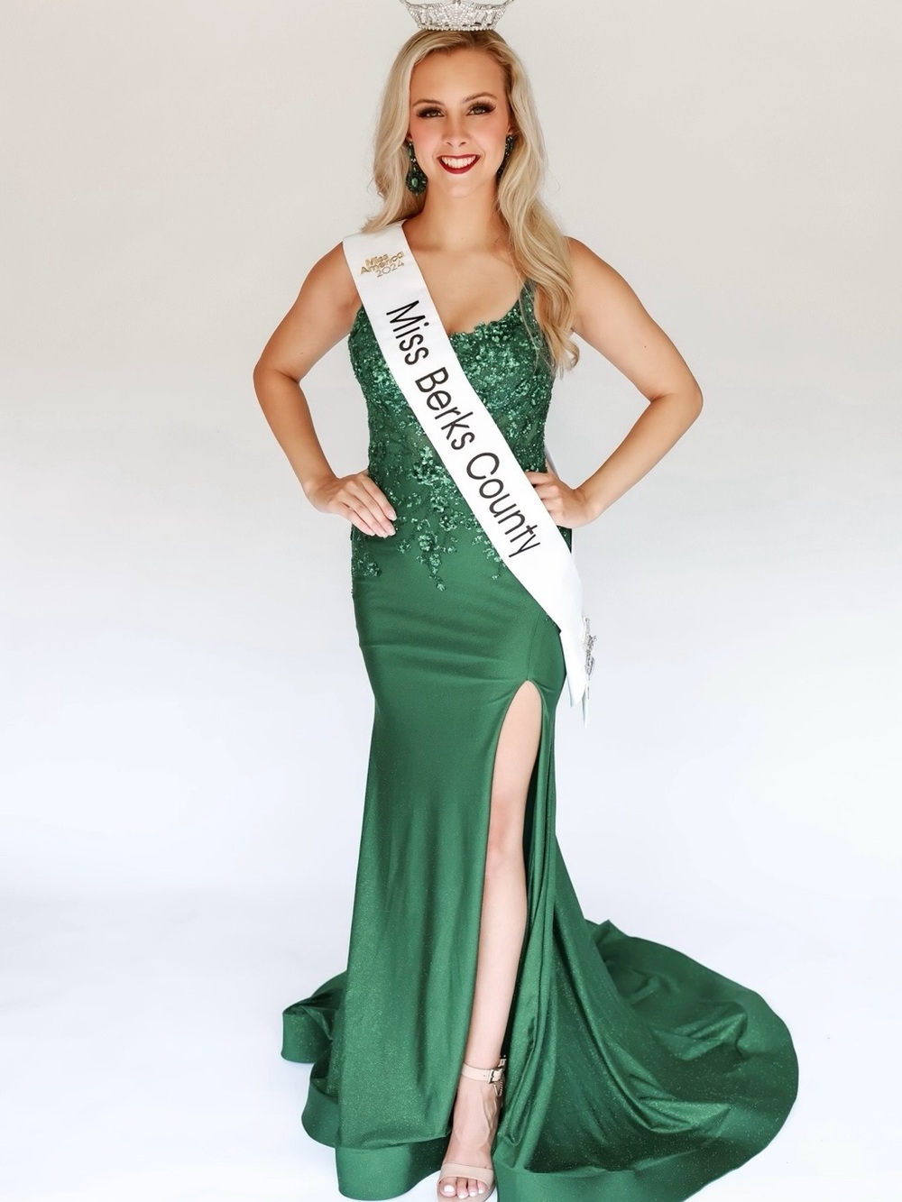 Sparkling Emerald Beaded Pageant Gown with High Slit Prom